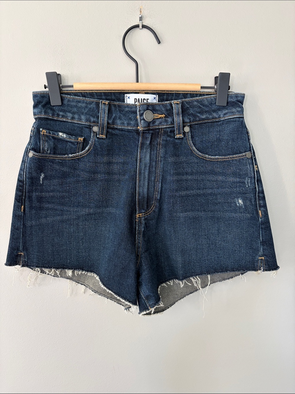 Paige Margo Jean Shorts Size 25 Dark Blue Wash Raw Hem High Rise